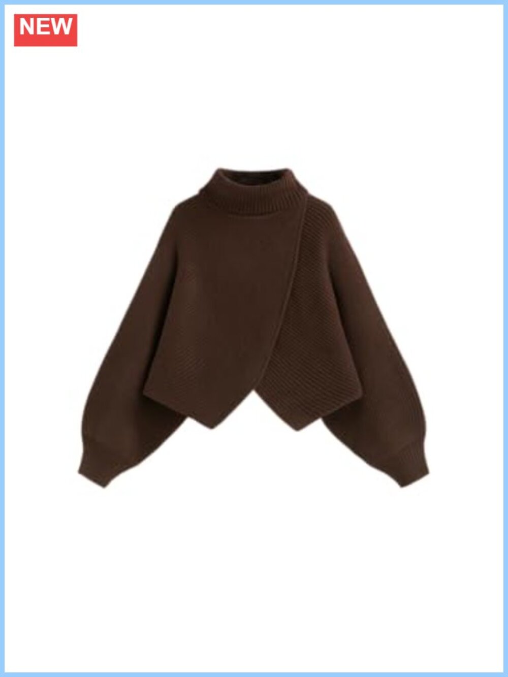 Cropped Turtleneck Sweater Wrap Lantern Sleeve High Neck Knit Pullover